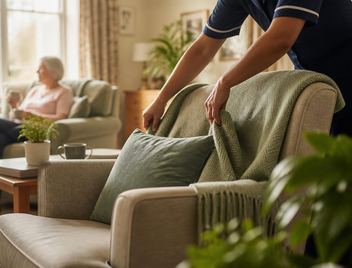 A carer arranging a blanket in the sitting room of a supported living home