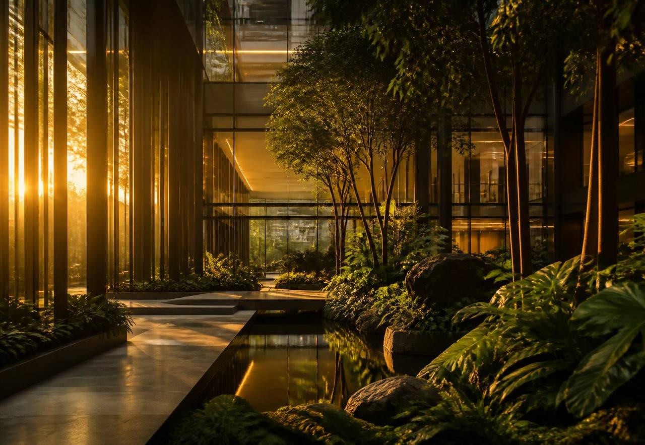 Sunlit glass atrium and planted courtyard at the Thornbridge Holdings head office in London